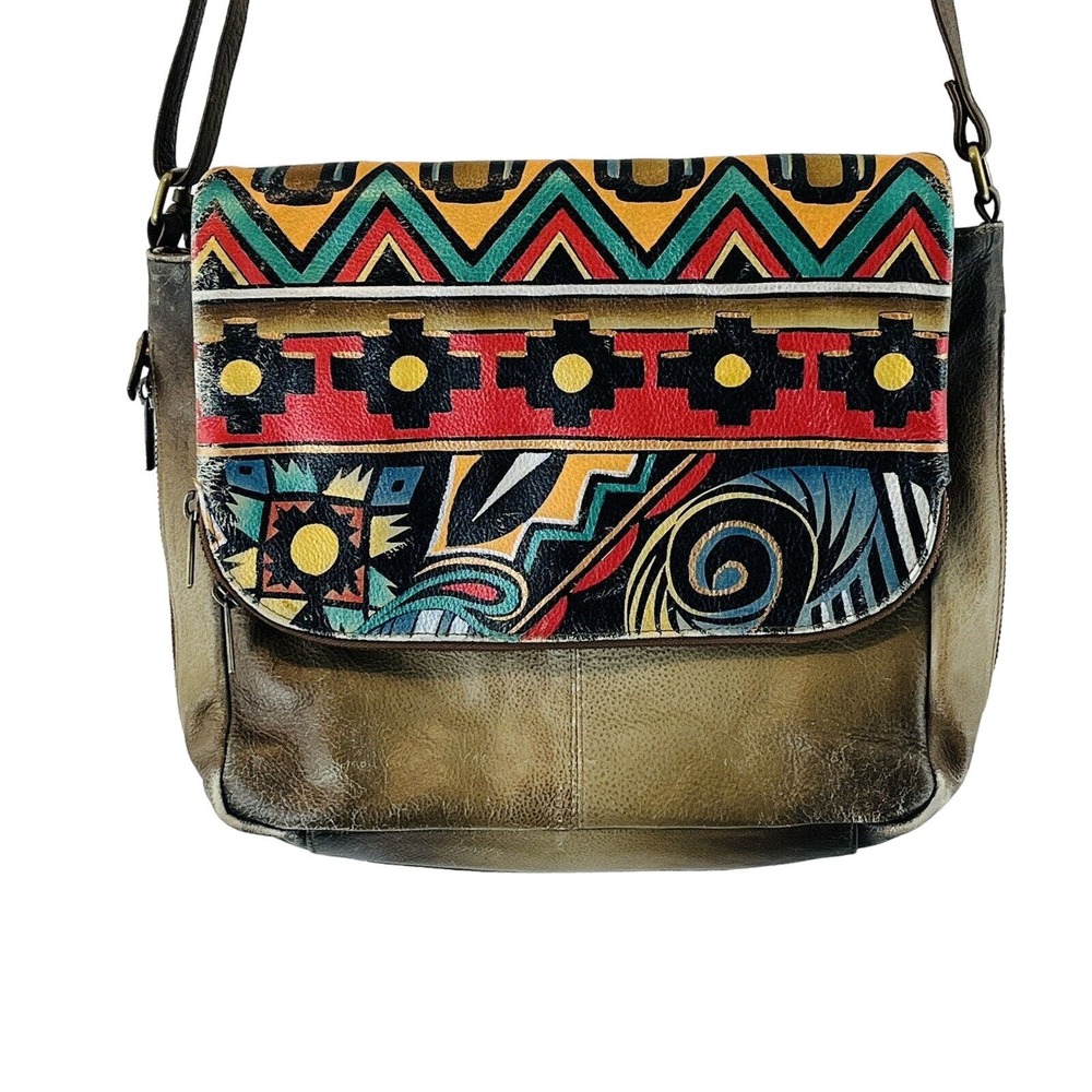 Anuschka Antique Aztec Purse Brown Multicolor Southwestern Print Crossbody‎ Bag